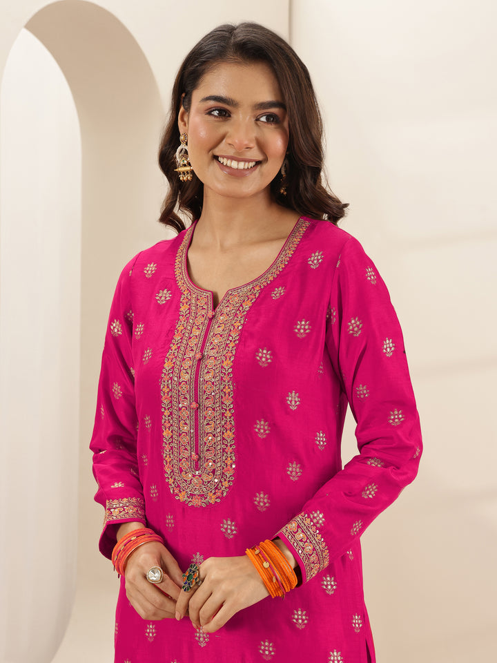 Pink Self Design Silk Blend Straight Suit Sets With Dupatta