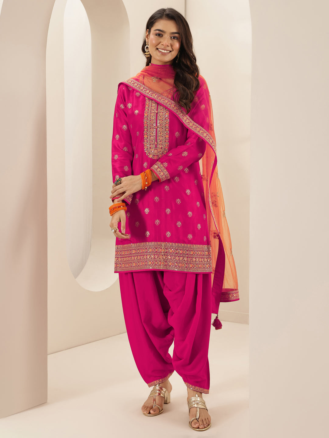 Pink Self Design Silk Blend Straight Suit Sets With Dupatta