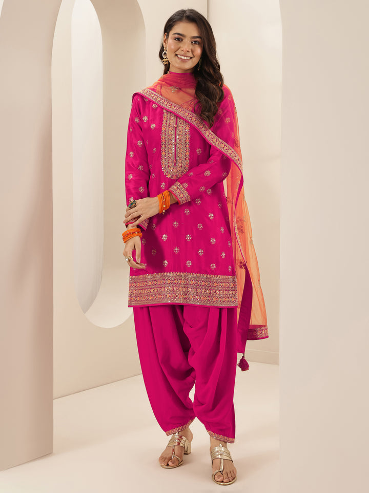 Pink Self Design Silk Blend Straight Suit Sets With Dupatta