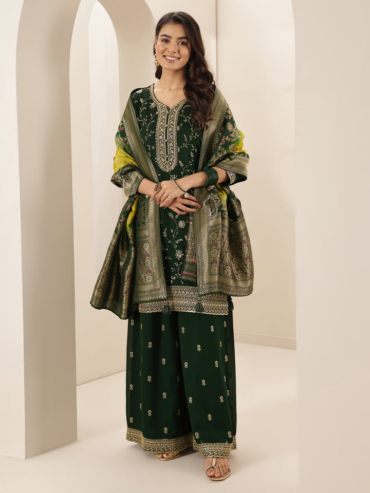 Libas Art Green Embroidered Silk Blend Straight Suit Sets With Dupatta