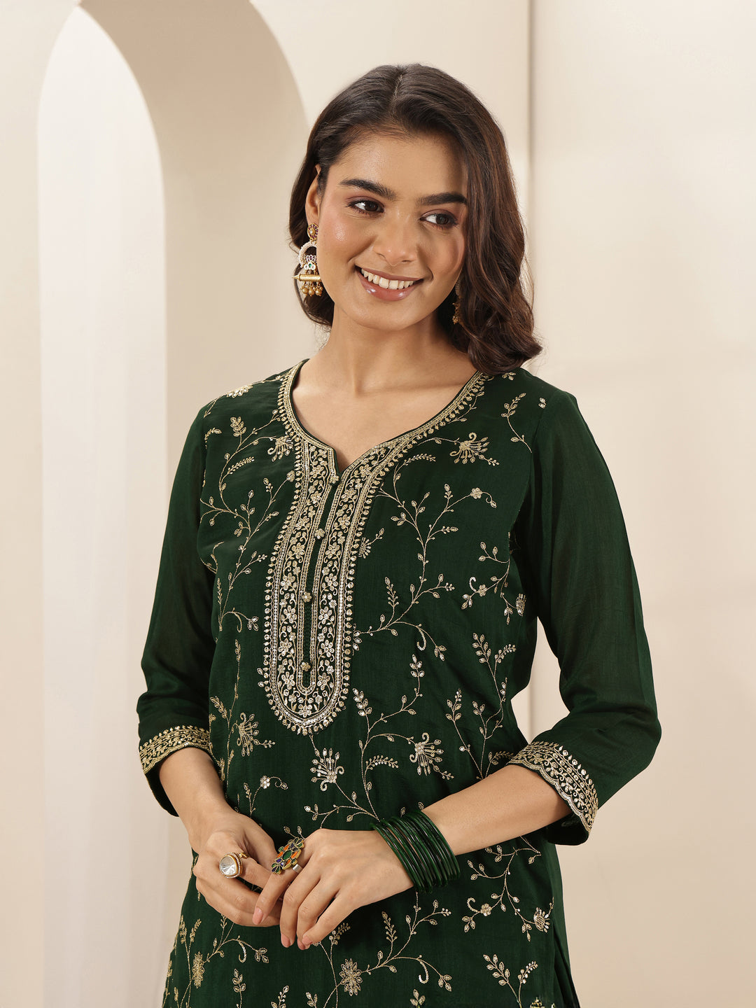 Libas Art Green Embroidered Silk Blend Straight Suit Sets With Dupatta