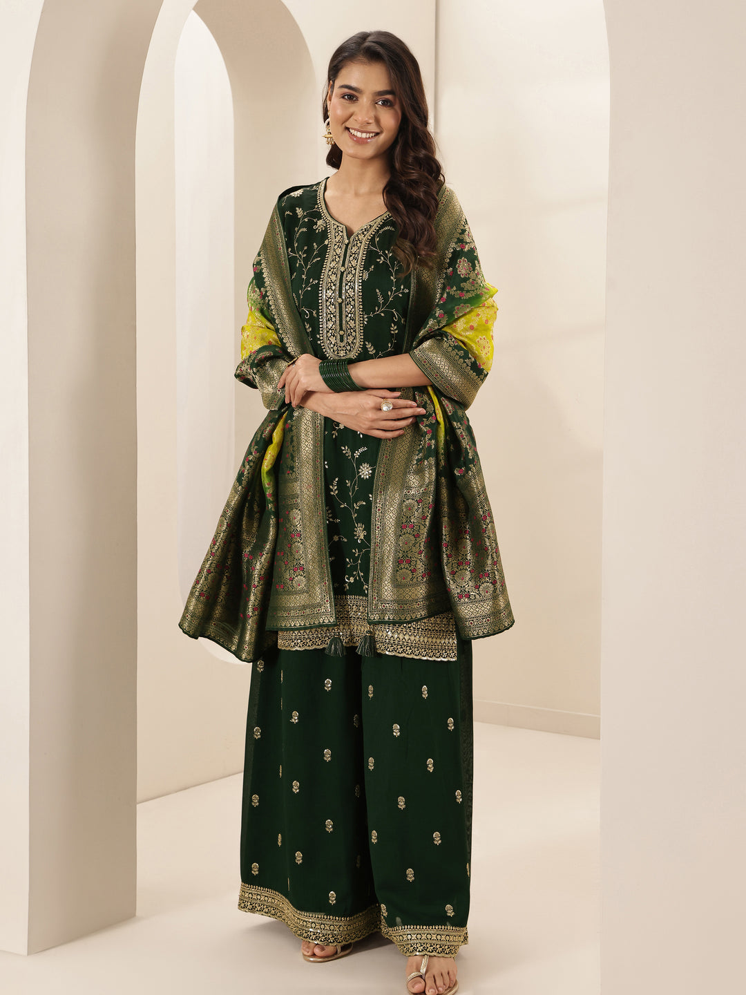 Libas Art Green Embroidered Silk Blend Straight Suit Sets With Dupatta