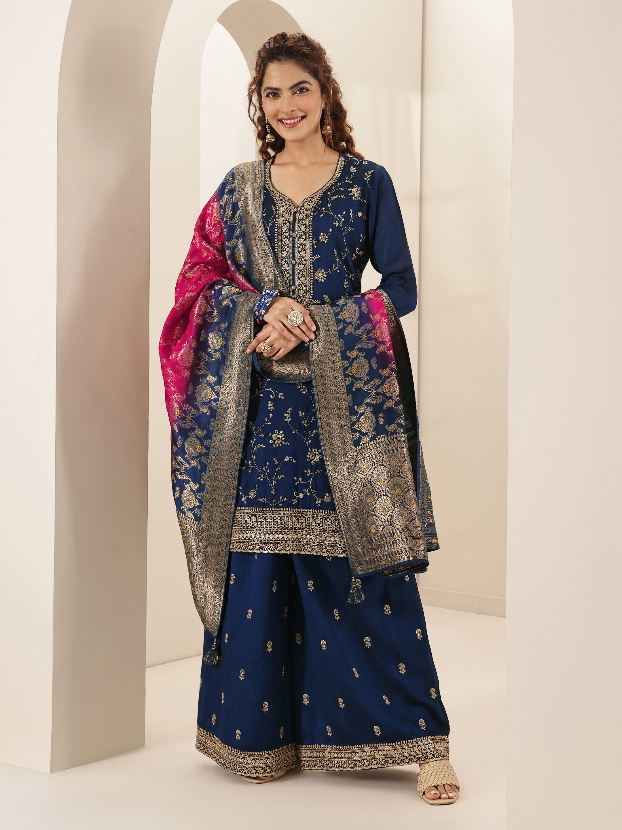 Libas Art Brown Printed Silk Crepe Straight Suit Set With Dupatta