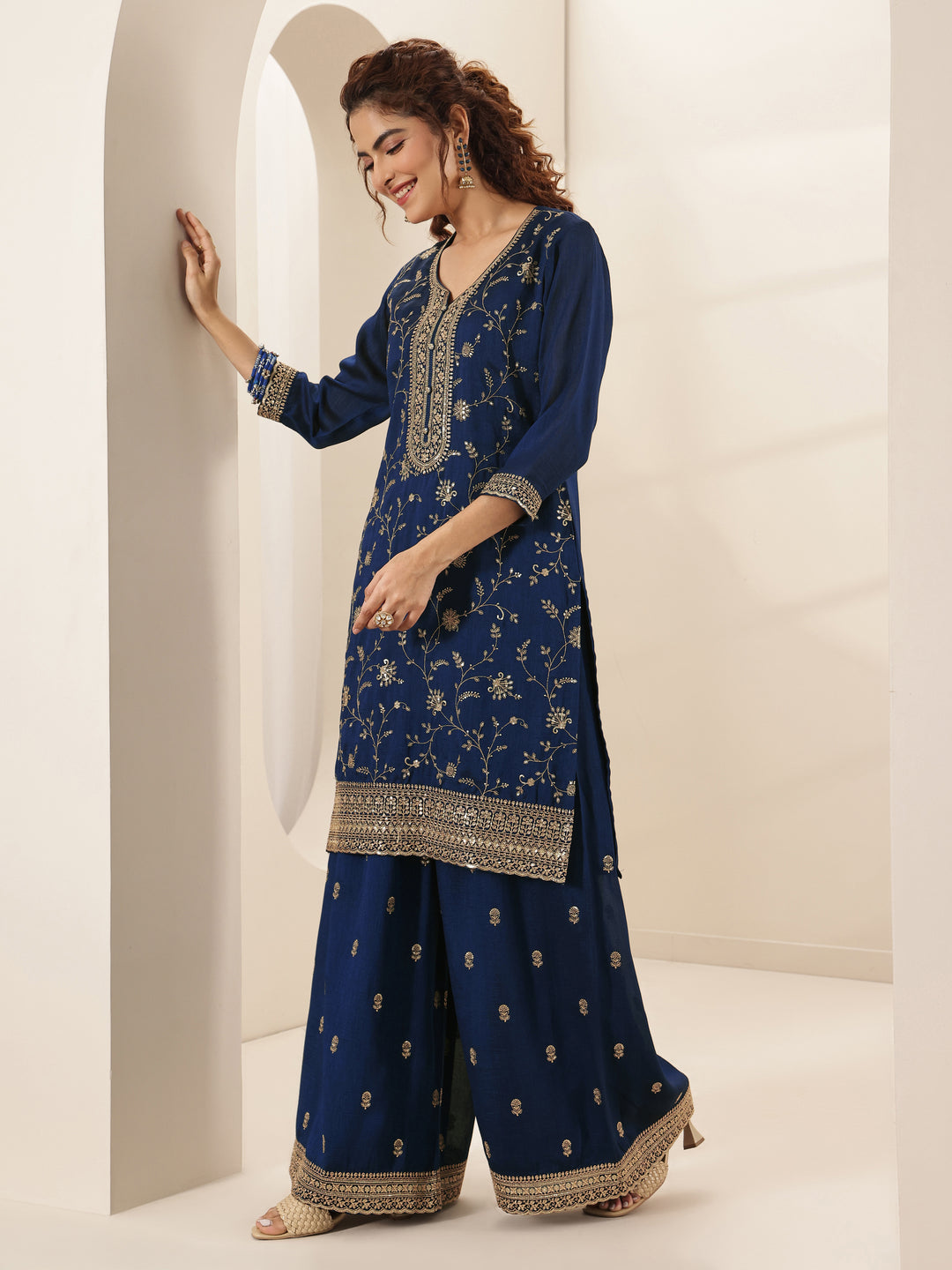 Libas Art Navy Embroidered Silk Blend Straight Suit Sets With Dupatta