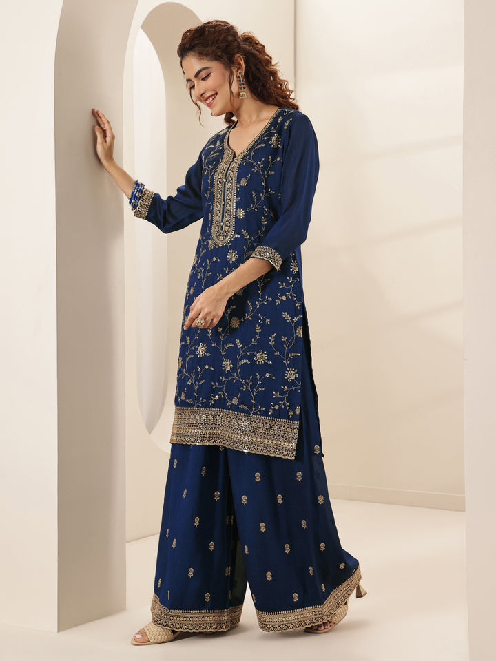 Libas Art Navy Embroidered Silk Blend Straight Suit Sets With Dupatta