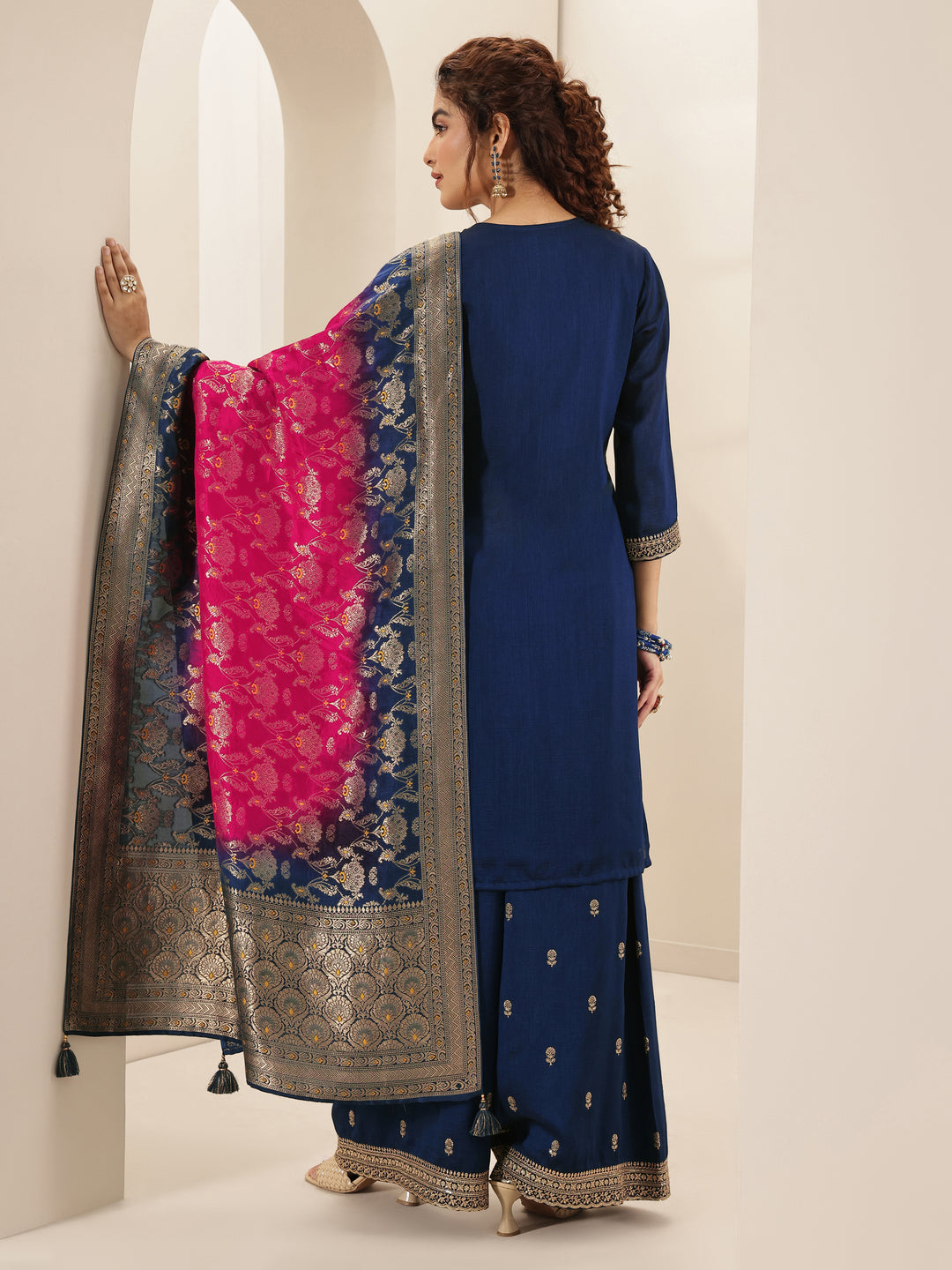 Libas Art Navy Embroidered Silk Blend Straight Suit Sets With Dupatta