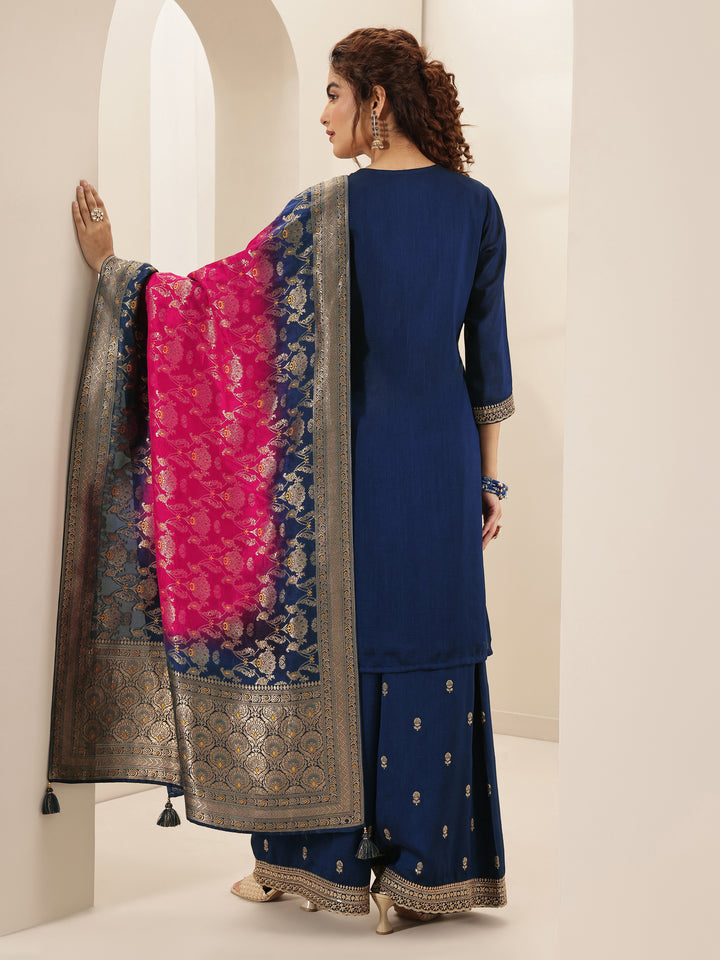 Libas Art Navy Embroidered Silk Blend Straight Suit Sets With Dupatta