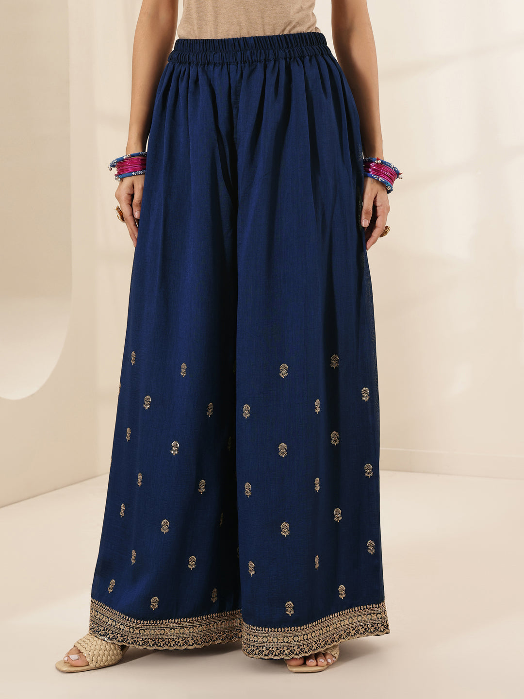 Libas Art Navy Embroidered Silk Blend Straight Suit Sets With Dupatta