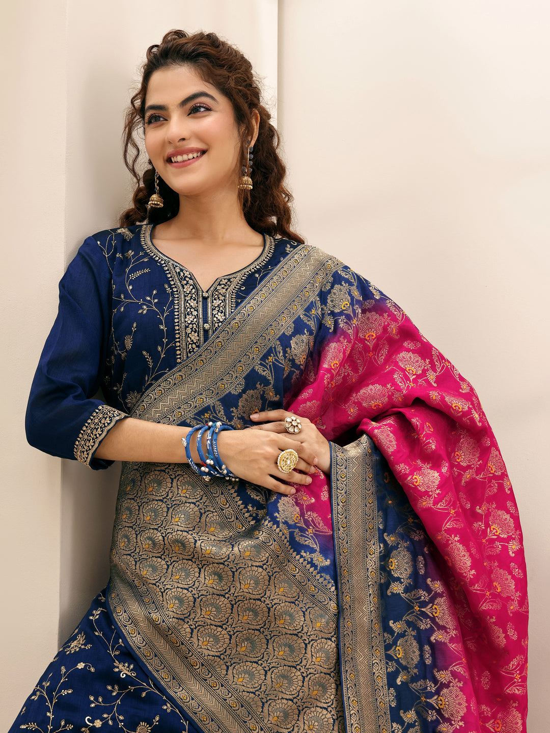 Libas Art Navy Embroidered Silk Blend Straight Suit Sets With Dupatta
