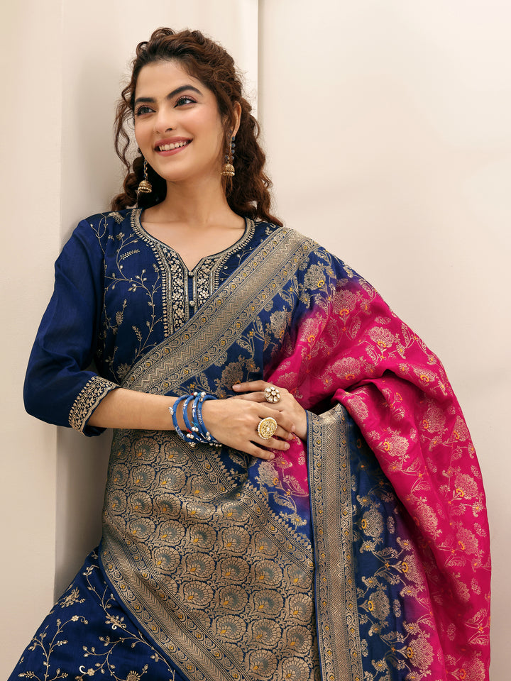 Libas Art Navy Embroidered Silk Blend Straight Suit Sets With Dupatta