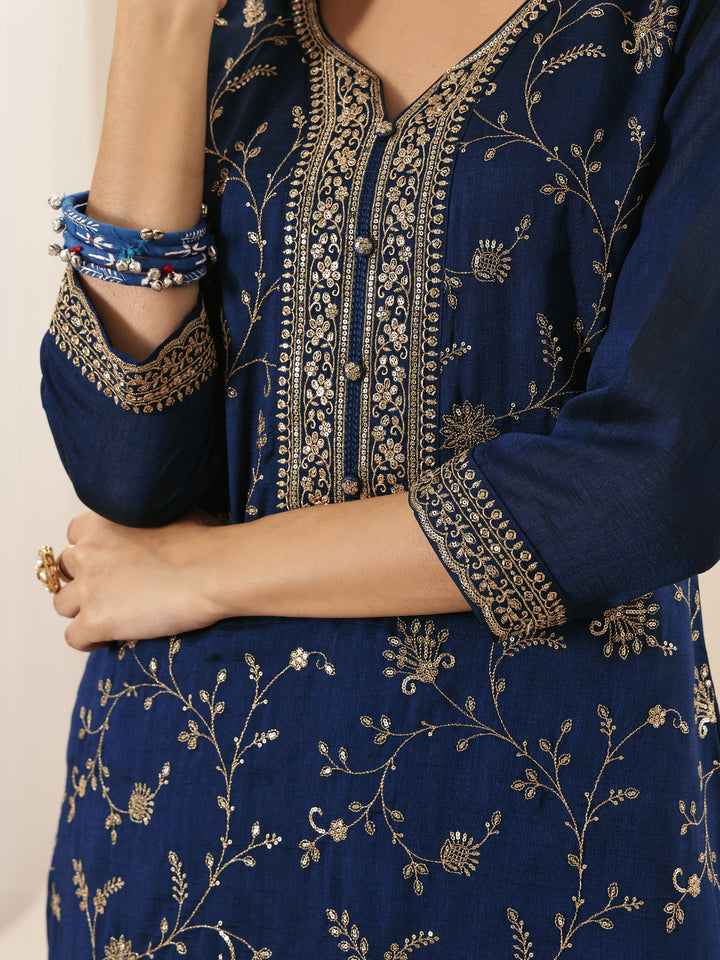 Libas Art Navy Embroidered Silk Blend Straight Suit Sets With Dupatta