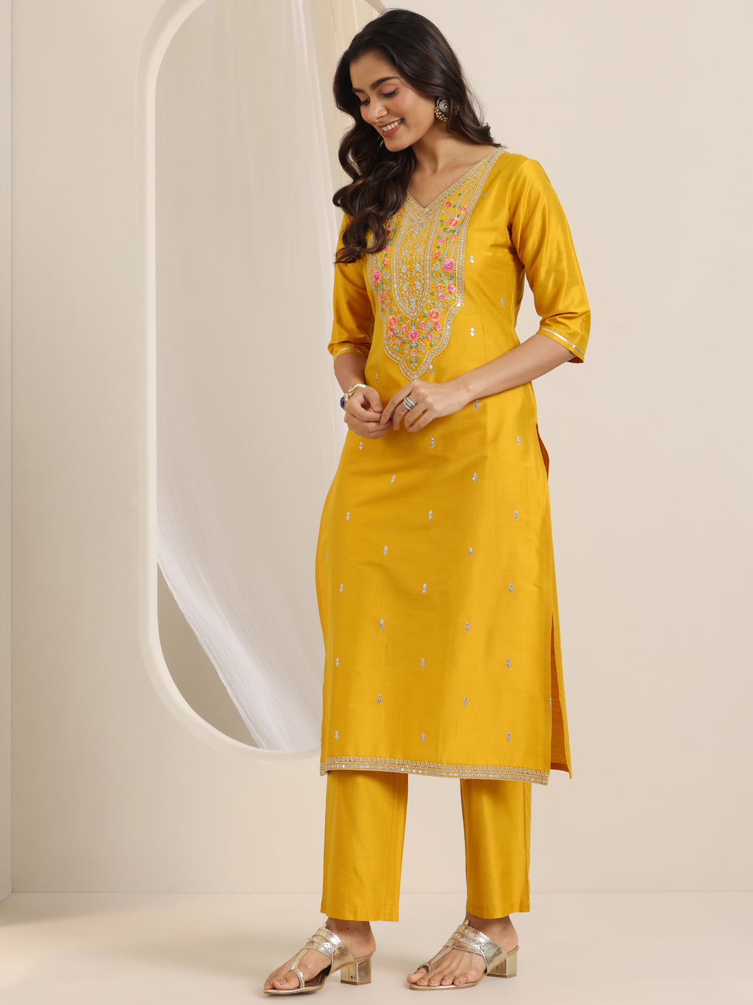 Mustard Embroidered Silk Blend Straight Suit Set With Dupatta