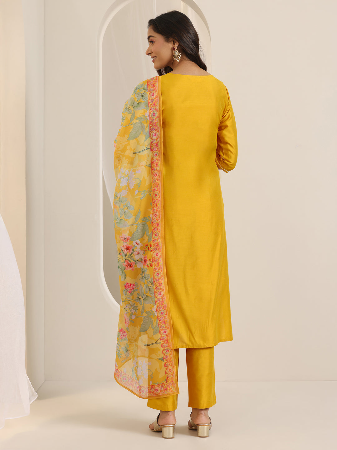 Mustard Embroidered Silk Blend Straight Suit Set With Dupatta