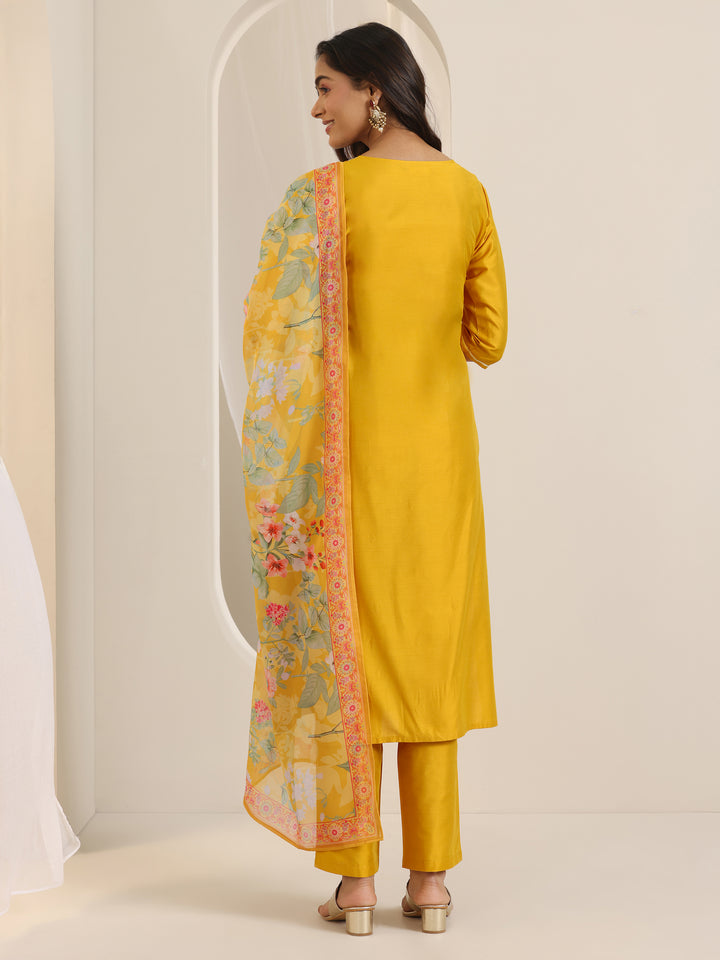 Mustard Embroidered Silk Blend Straight Suit Set With Dupatta