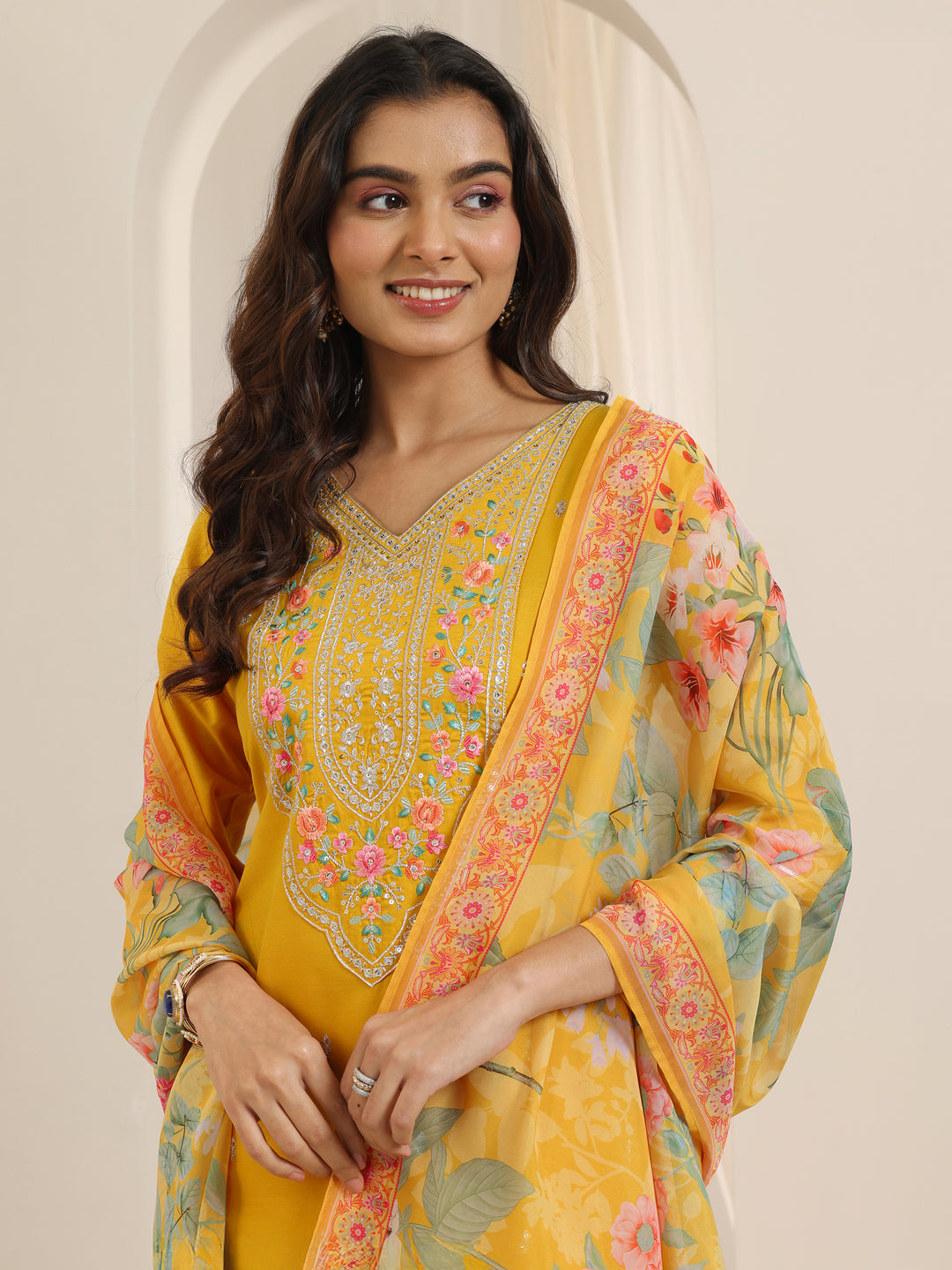 Mustard Embroidered Silk Blend Straight Suit Set With Dupatta