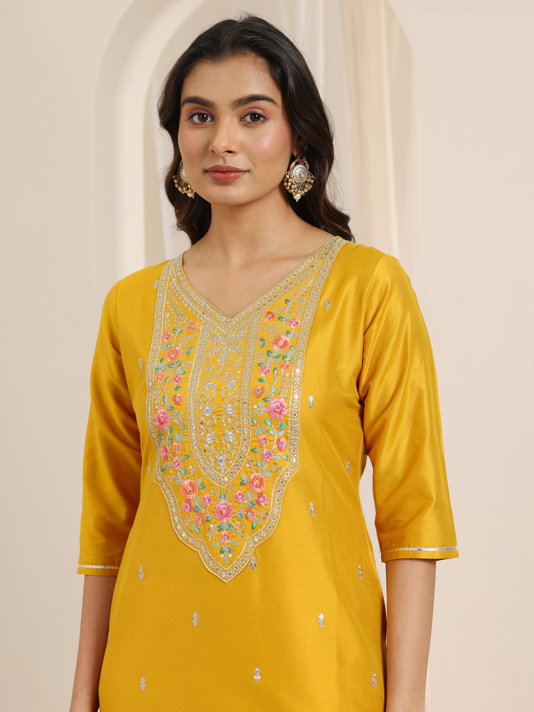 Mustard Embroidered Silk Blend Straight Suit Set With Dupatta