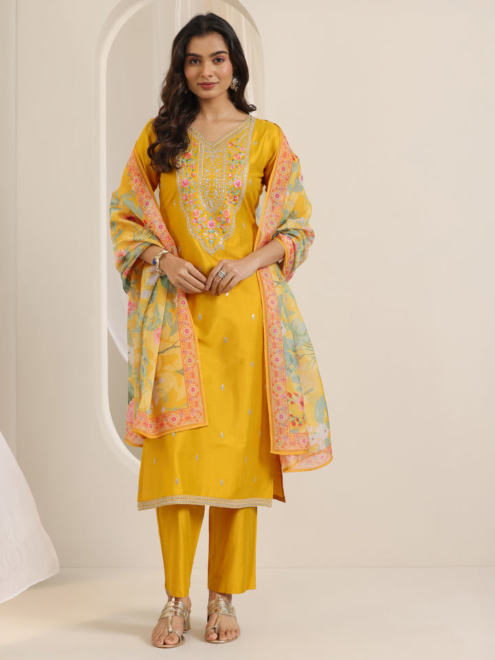 Mustard Embroidered Silk Blend Straight Suit Set With Dupatta