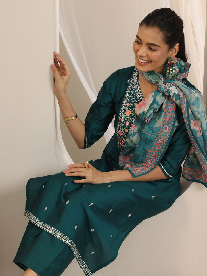 Teal Embroidered Silk Blend Straight Suit Set With Dupatta