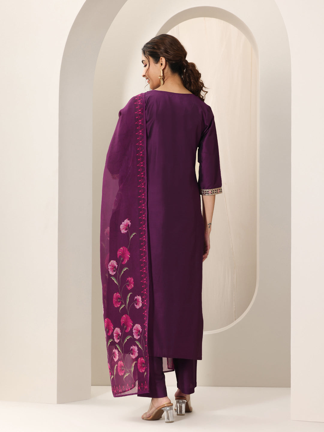Burgundy Yoke Design Silk Blend Straight Suit Set With Dupatta