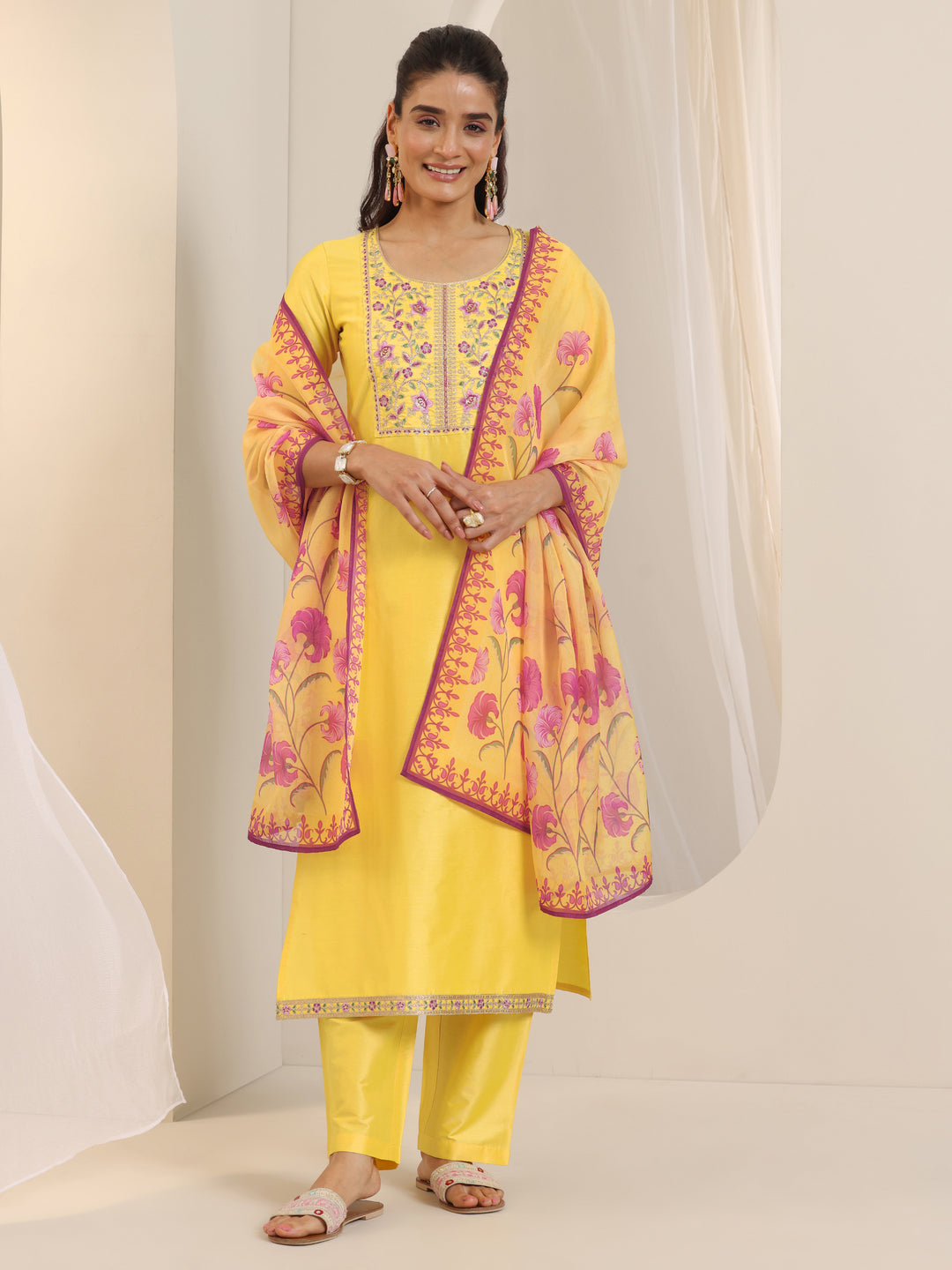 Yellow Yoke Design Silk Blend Straight Suit Set With Dupatta