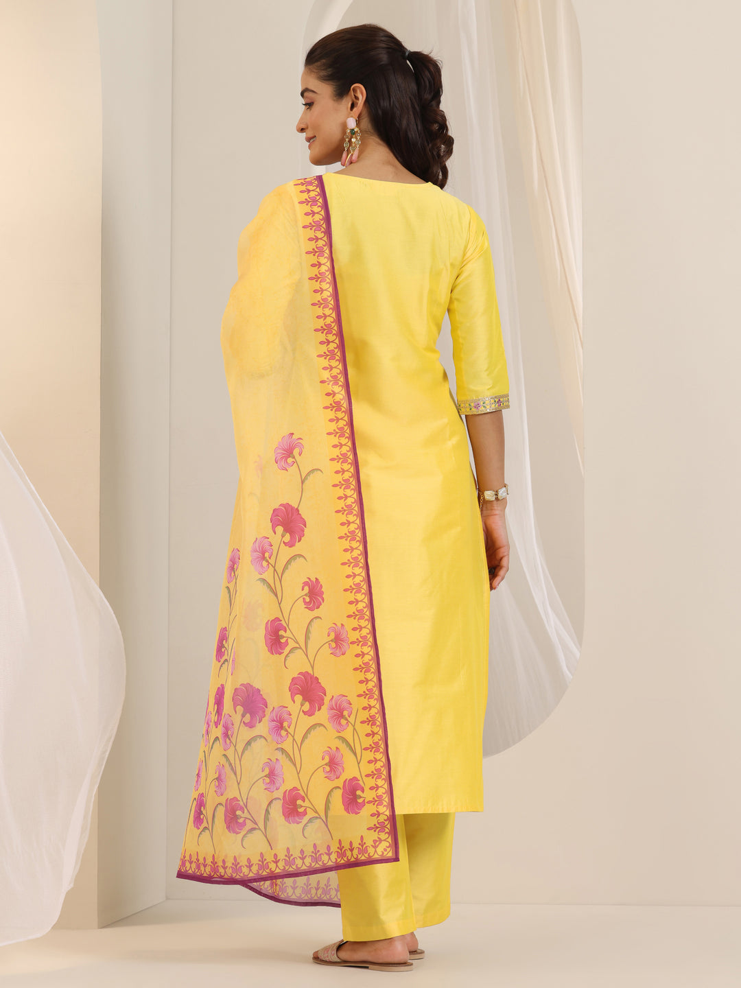 Yellow Yoke Design Silk Blend Straight Suit Set With Dupatta