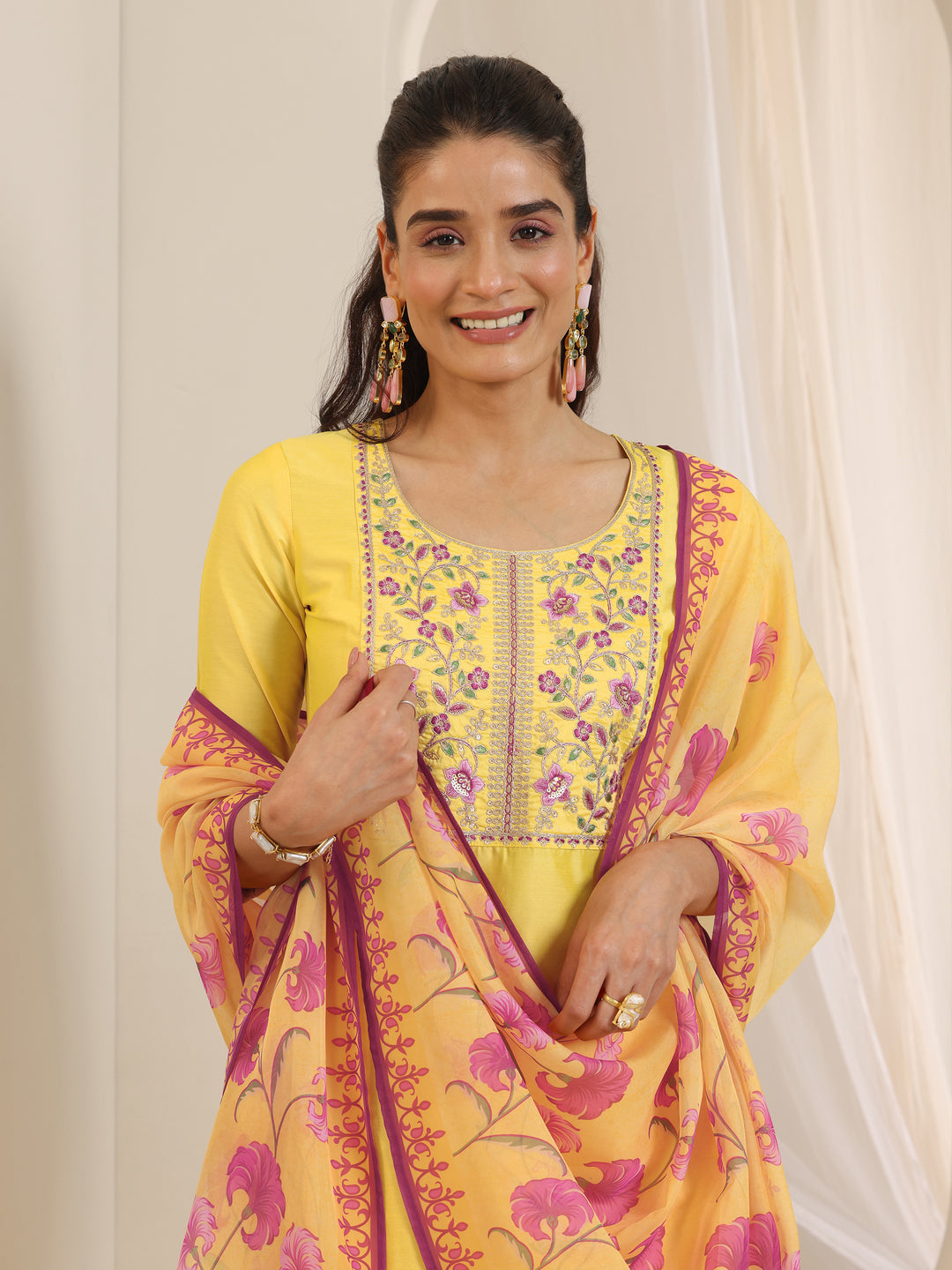 Yellow Yoke Design Silk Blend Straight Suit Set With Dupatta
