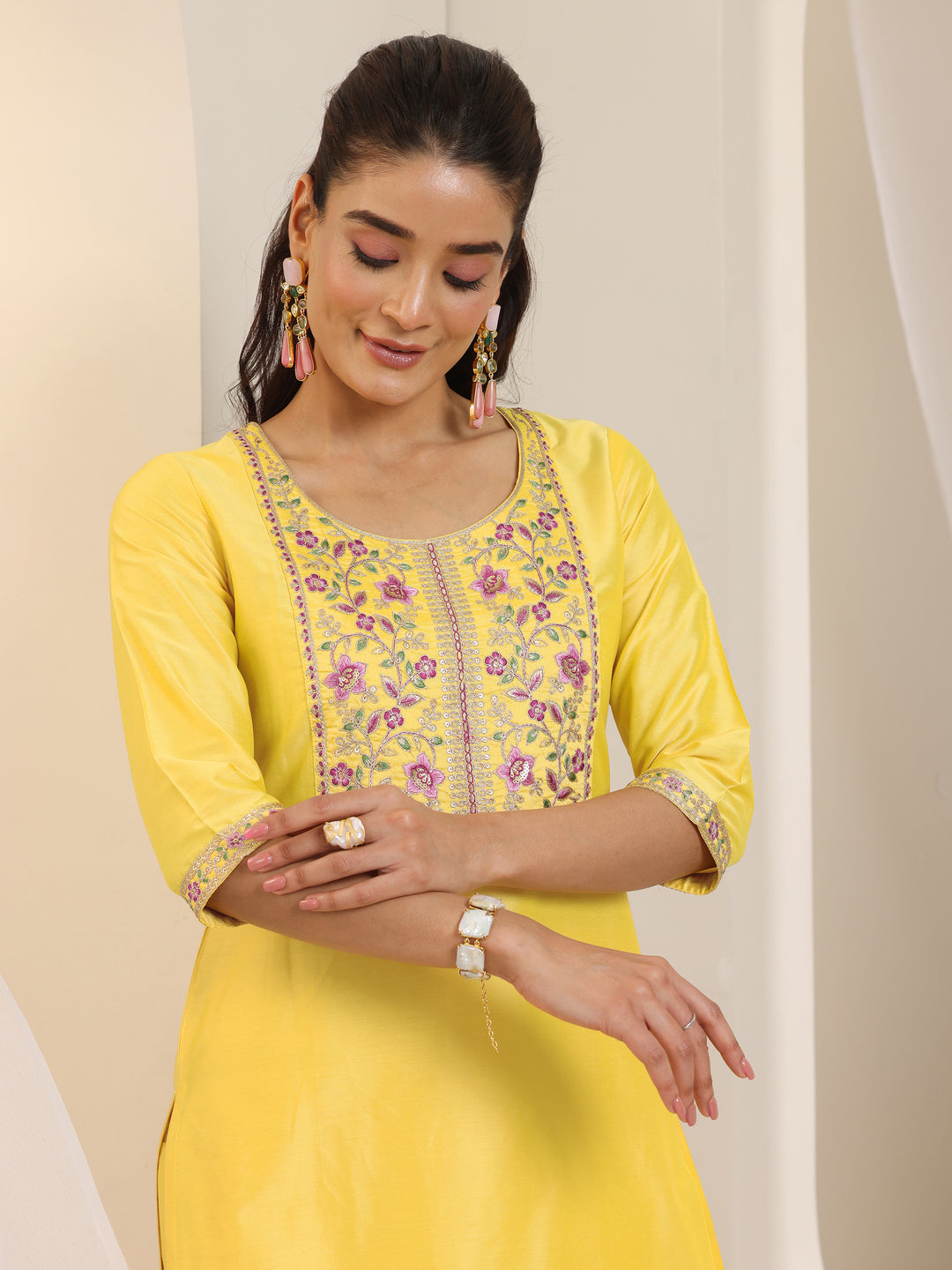 Yellow Yoke Design Silk Blend Straight Suit Set With Dupatta