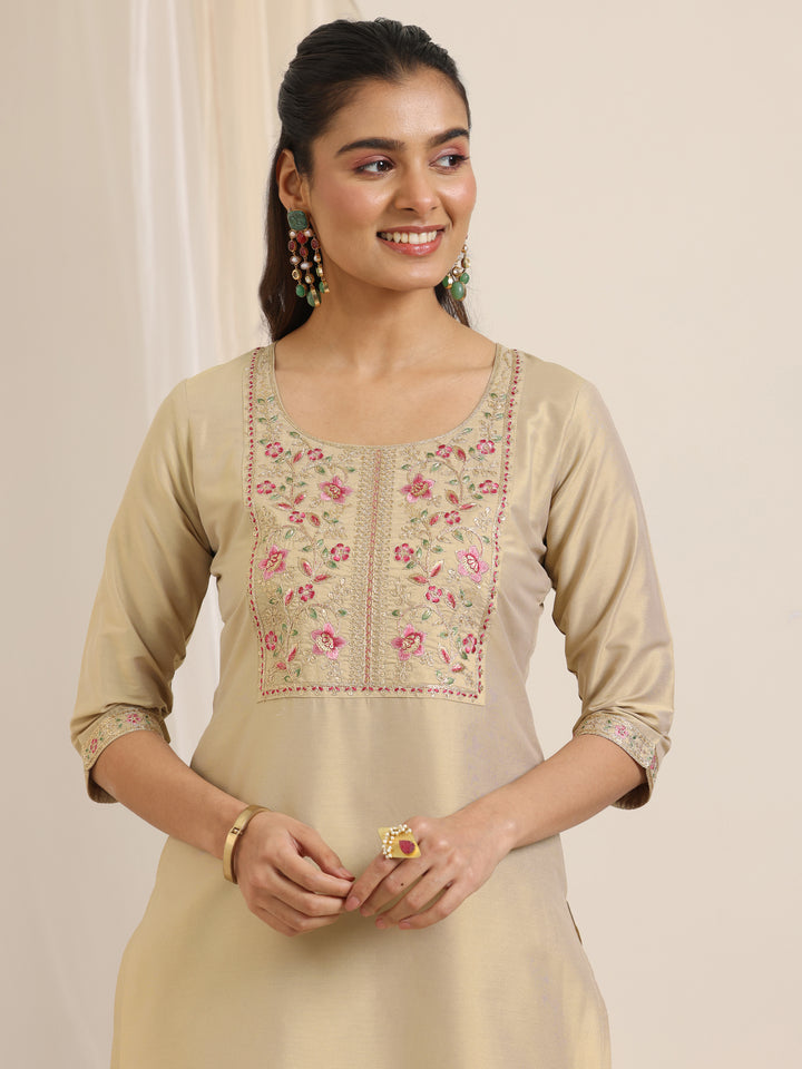 Gold Yoke Design Silk Blend Straight Suit Set With Dupatta