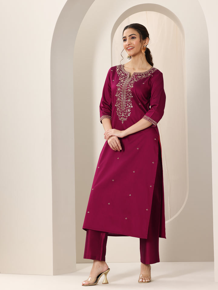 Pink Embroidered Silk Blend Straight Suit Set With Dupatta