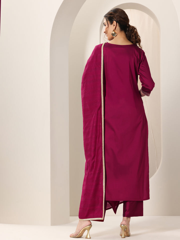 Pink Embroidered Silk Blend Straight Suit Set With Dupatta