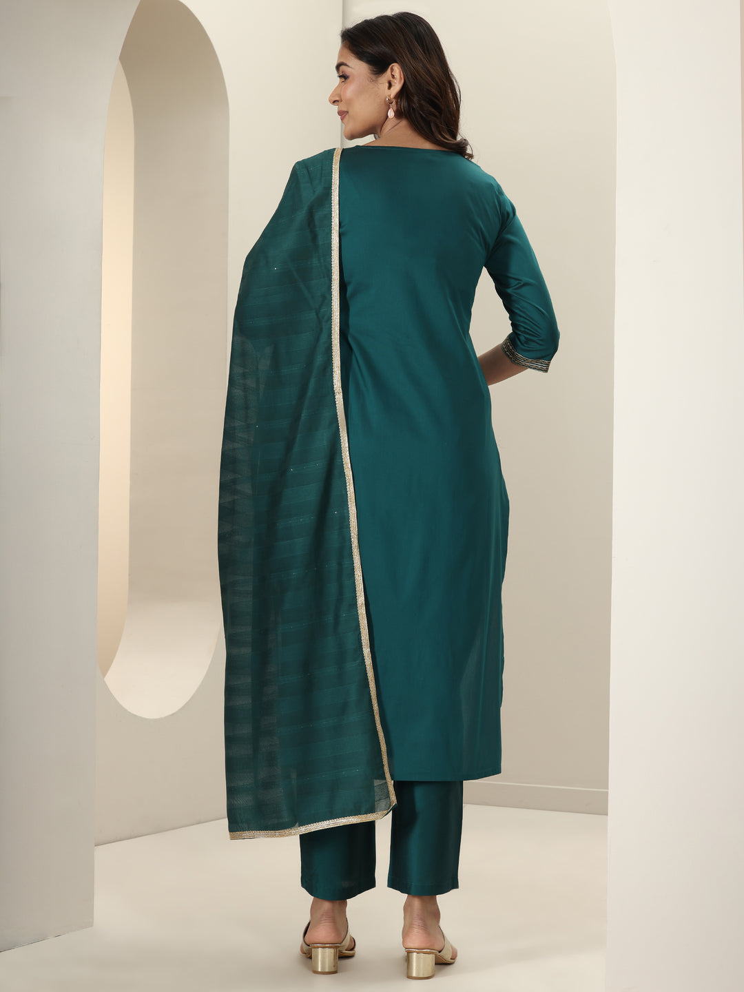 Teal Embroidered Silk Blend Straight Suit Set With Dupatta