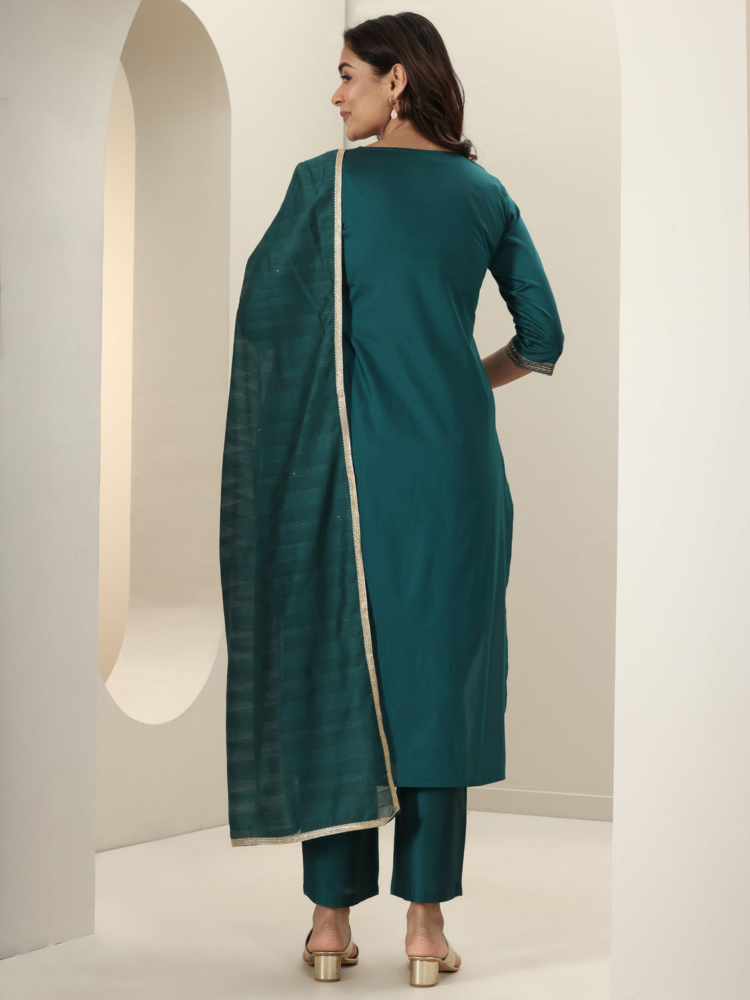 Teal Embroidered Silk Blend Straight Suit Set With Dupatta