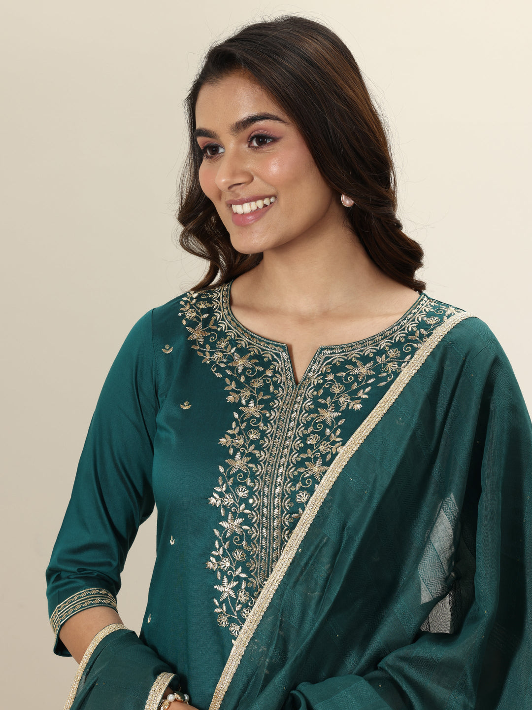 Teal Embroidered Silk Blend Straight Suit Set With Dupatta