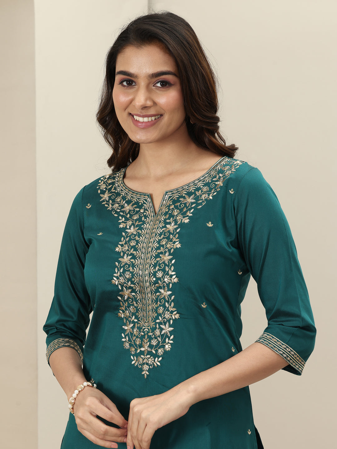 Teal Embroidered Silk Blend Straight Suit Set With Dupatta