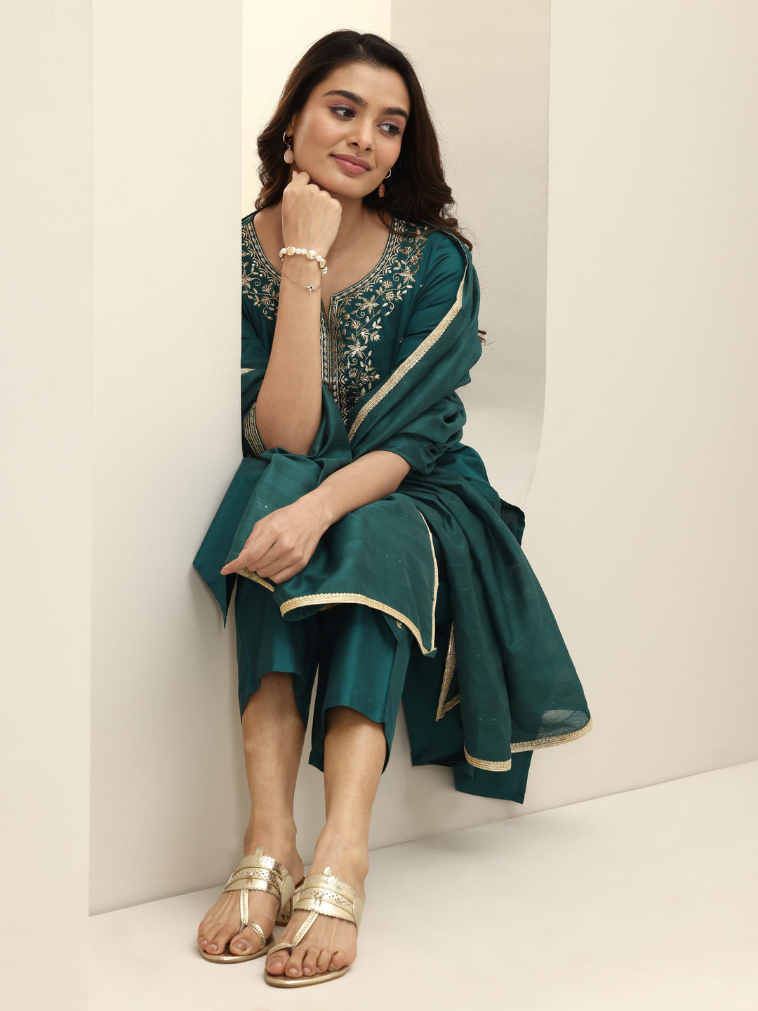 Teal Embroidered Silk Blend Straight Suit Set With Dupatta