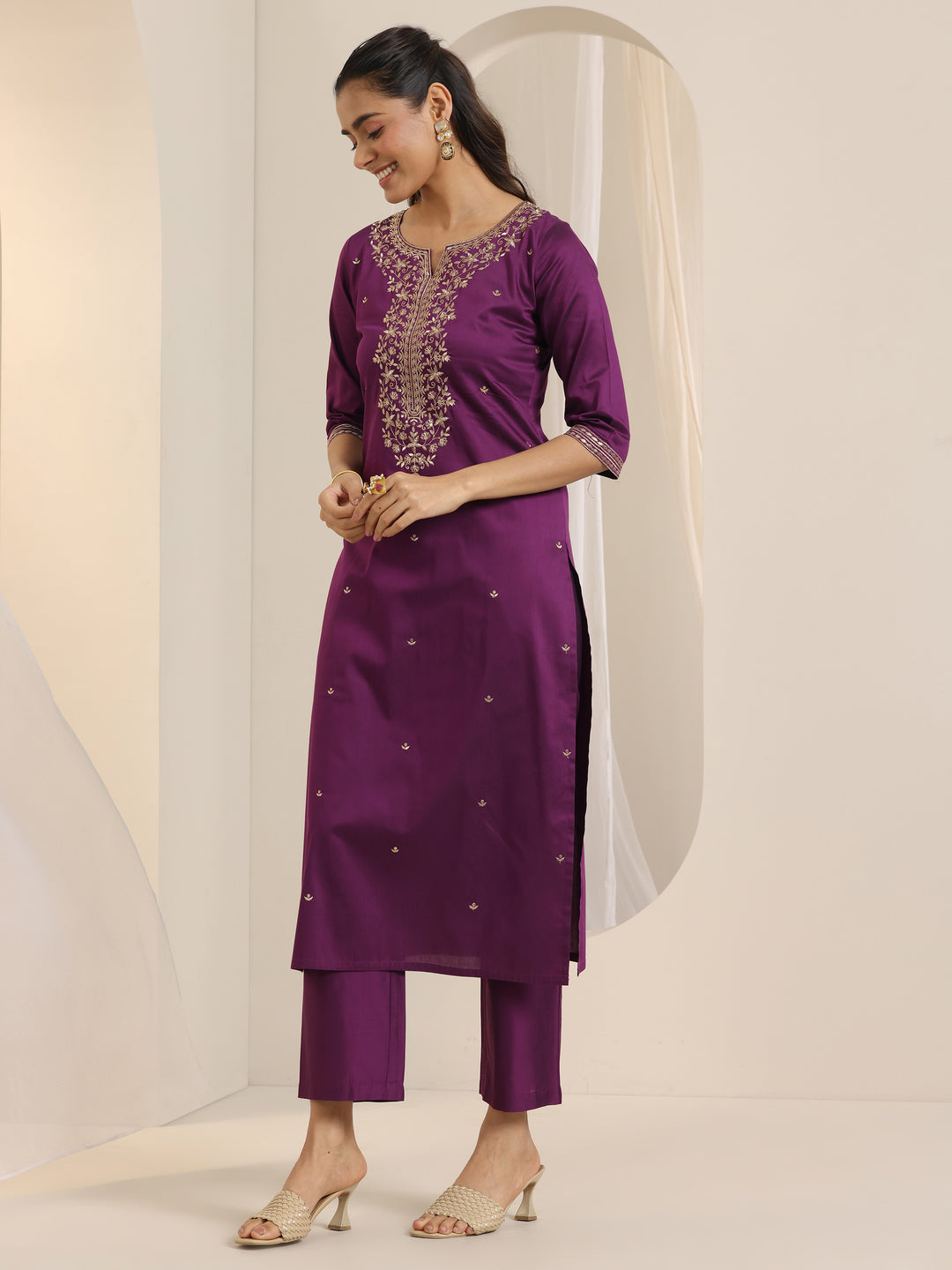 Burgundy Embroidered Silk Blend Straight Suit Set With Dupatta