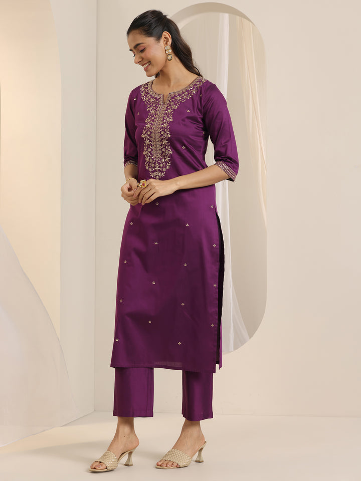 Burgundy Embroidered Silk Blend Straight Suit Set With Dupatta