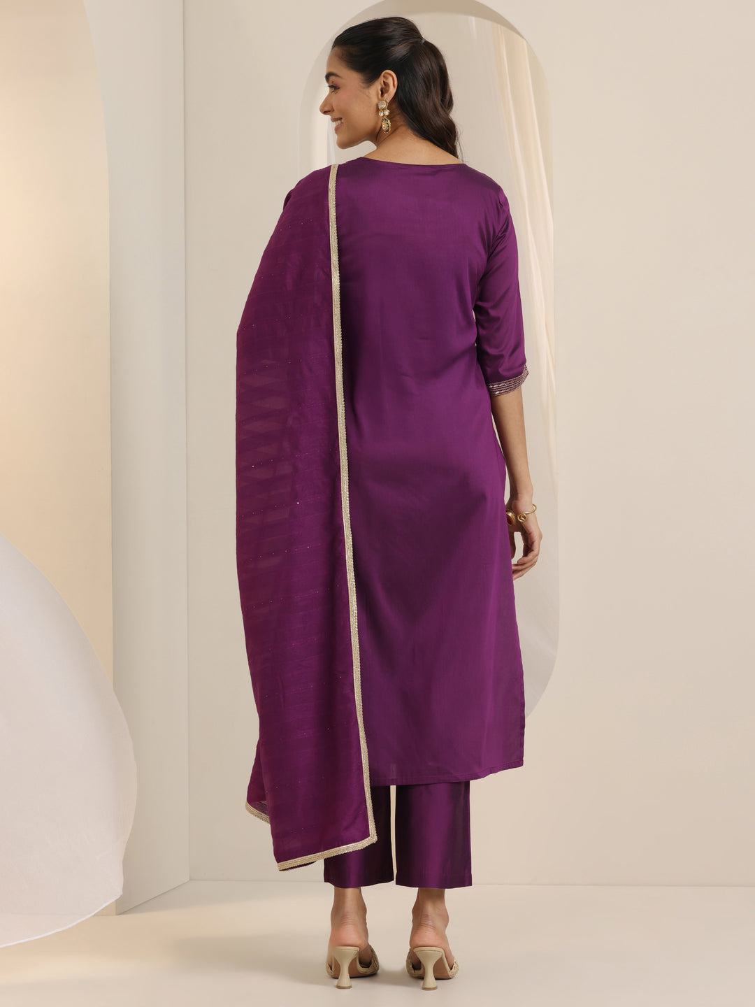 Burgundy Embroidered Silk Blend Straight Suit Set With Dupatta