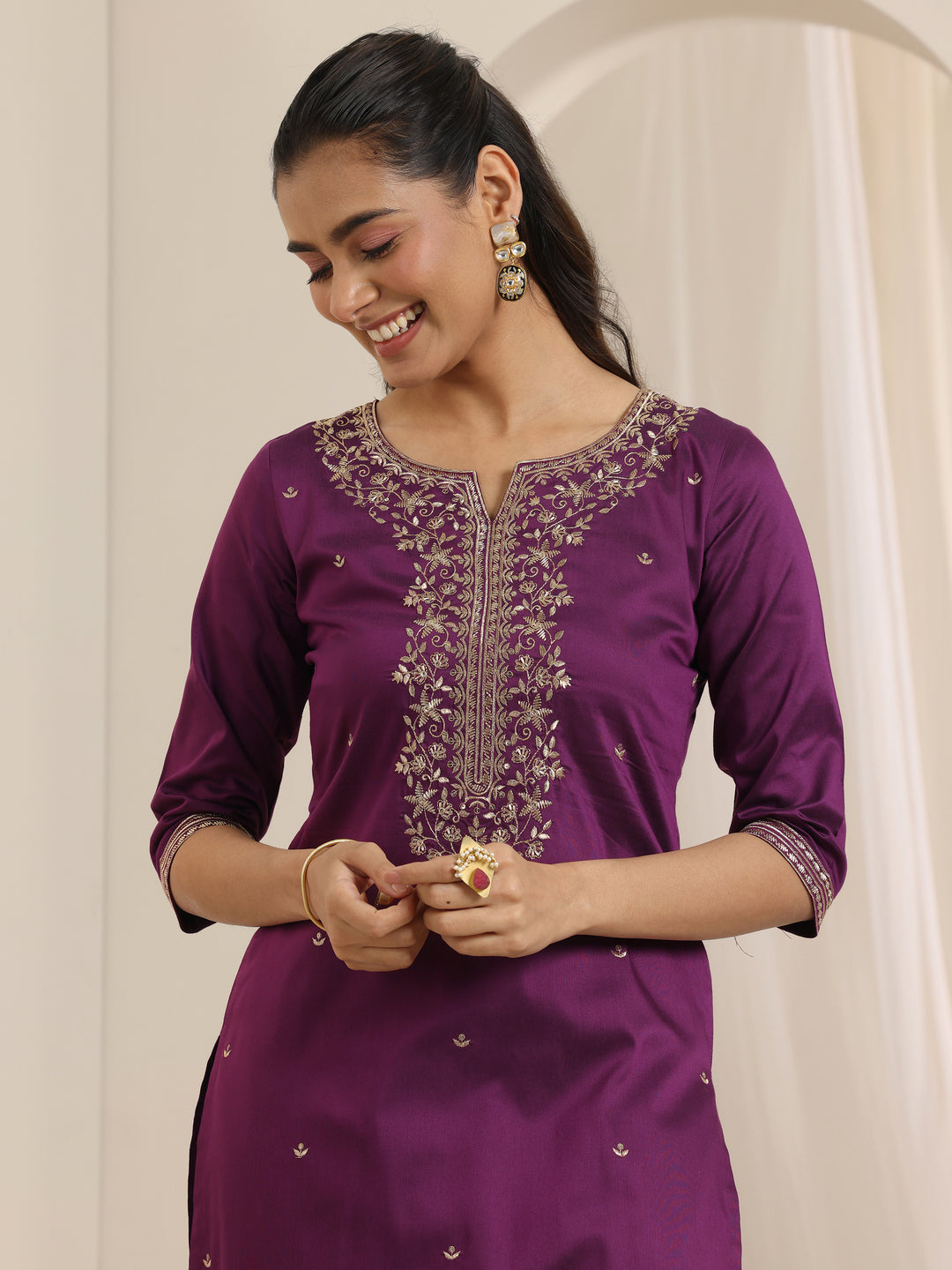 Burgundy Embroidered Silk Blend Straight Suit Set With Dupatta