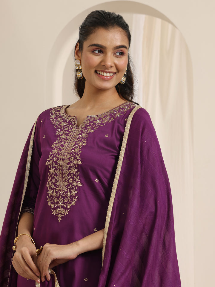 Burgundy Embroidered Silk Blend Straight Suit Set With Dupatta