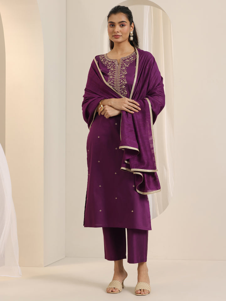Burgundy Embroidered Silk Blend Straight Suit Set With Dupatta