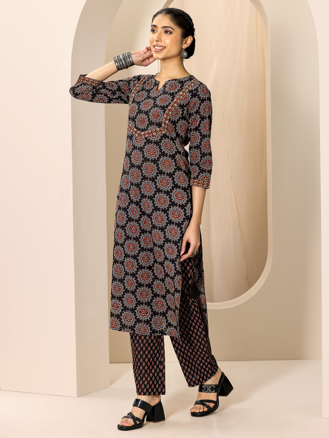 Black Printed Cotton Straight Suit Set With Dupatta