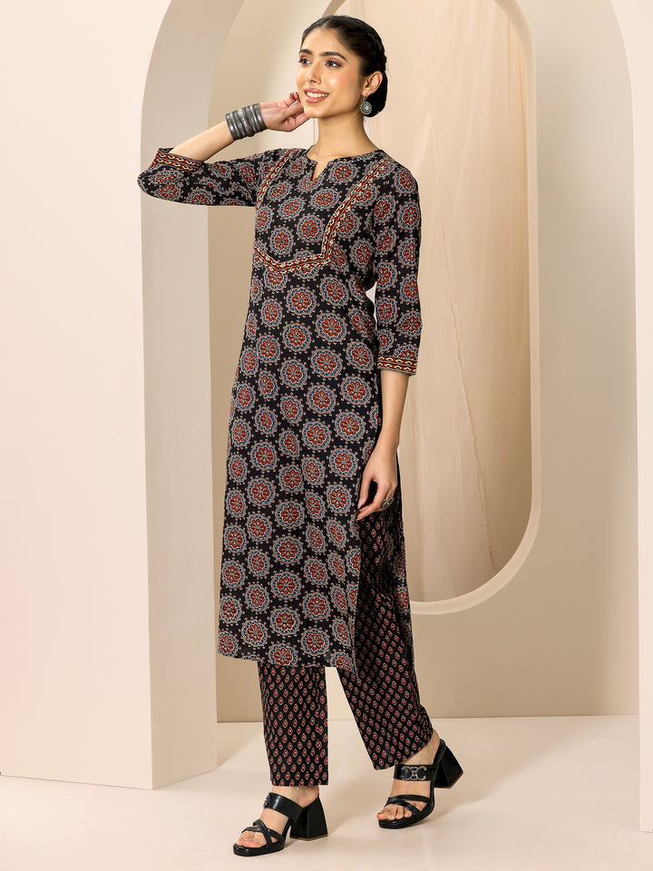 Black Printed Cotton Straight Suit Set With Dupatta