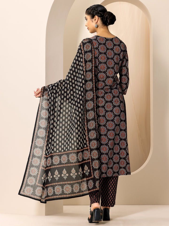 Black Printed Cotton Straight Suit Set With Dupatta