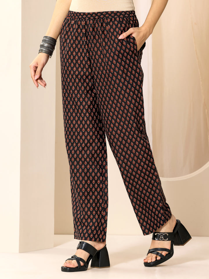 Black Printed Cotton Straight Suit Set With Dupatta