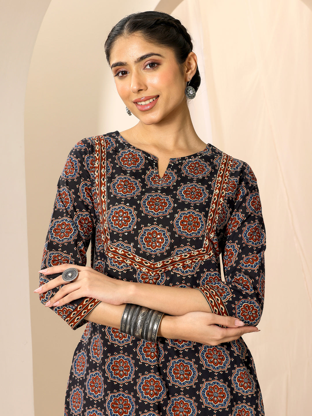 Black Printed Cotton Straight Suit Set With Dupatta