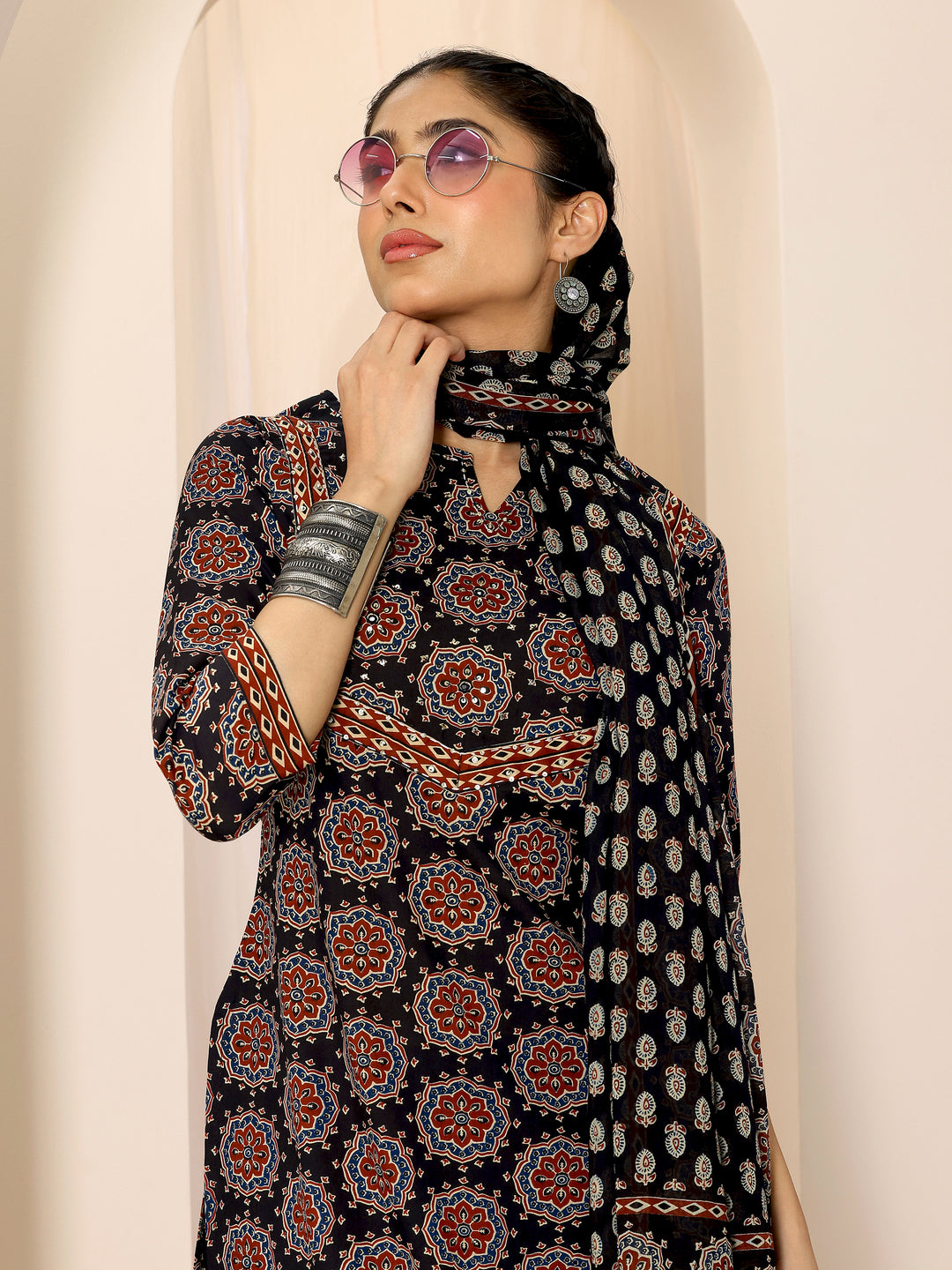 Black Printed Cotton Straight Suit Set With Dupatta