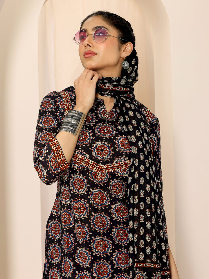 Black Printed Cotton Straight Suit Set With Dupatta