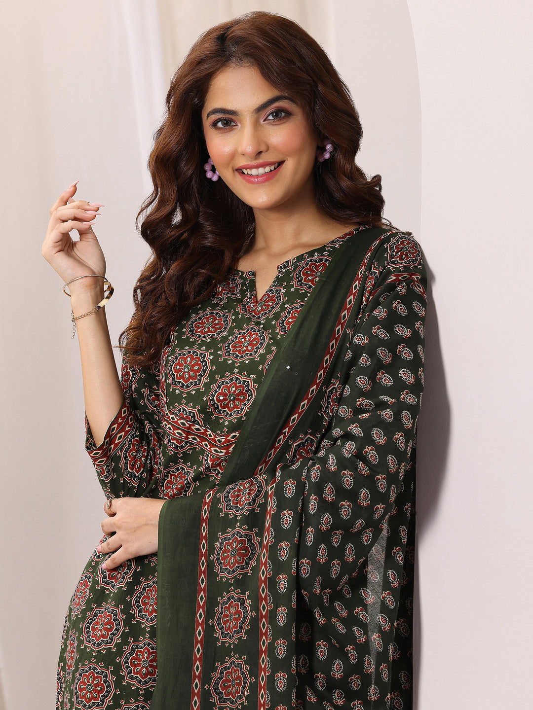 Green Printed Cotton Straight Suit Set With Dupatta