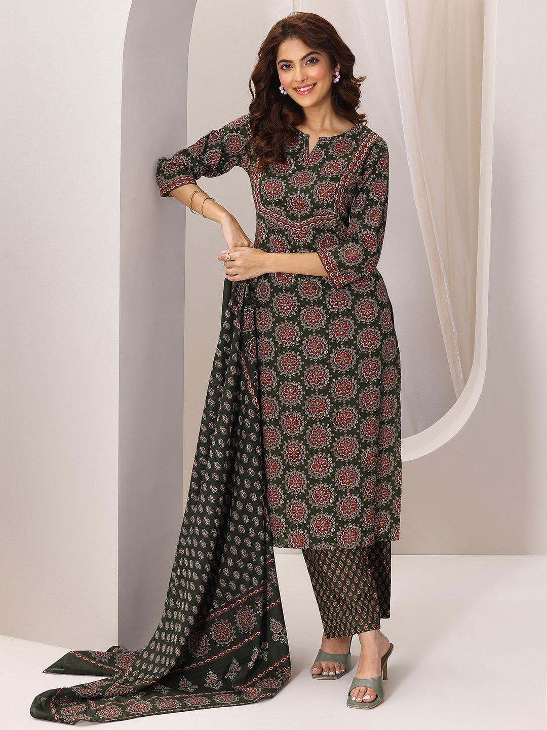 Green Printed Cotton Straight Suit Set With Dupatta